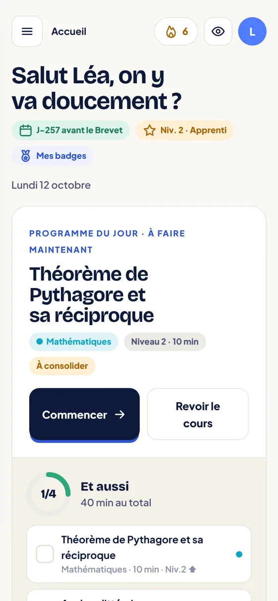 Écran de l'application : le programme du jour