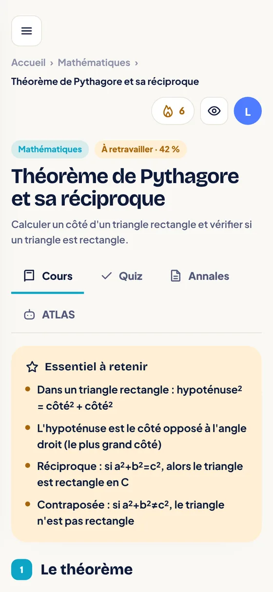 Écran de l'application : le cours, en clair